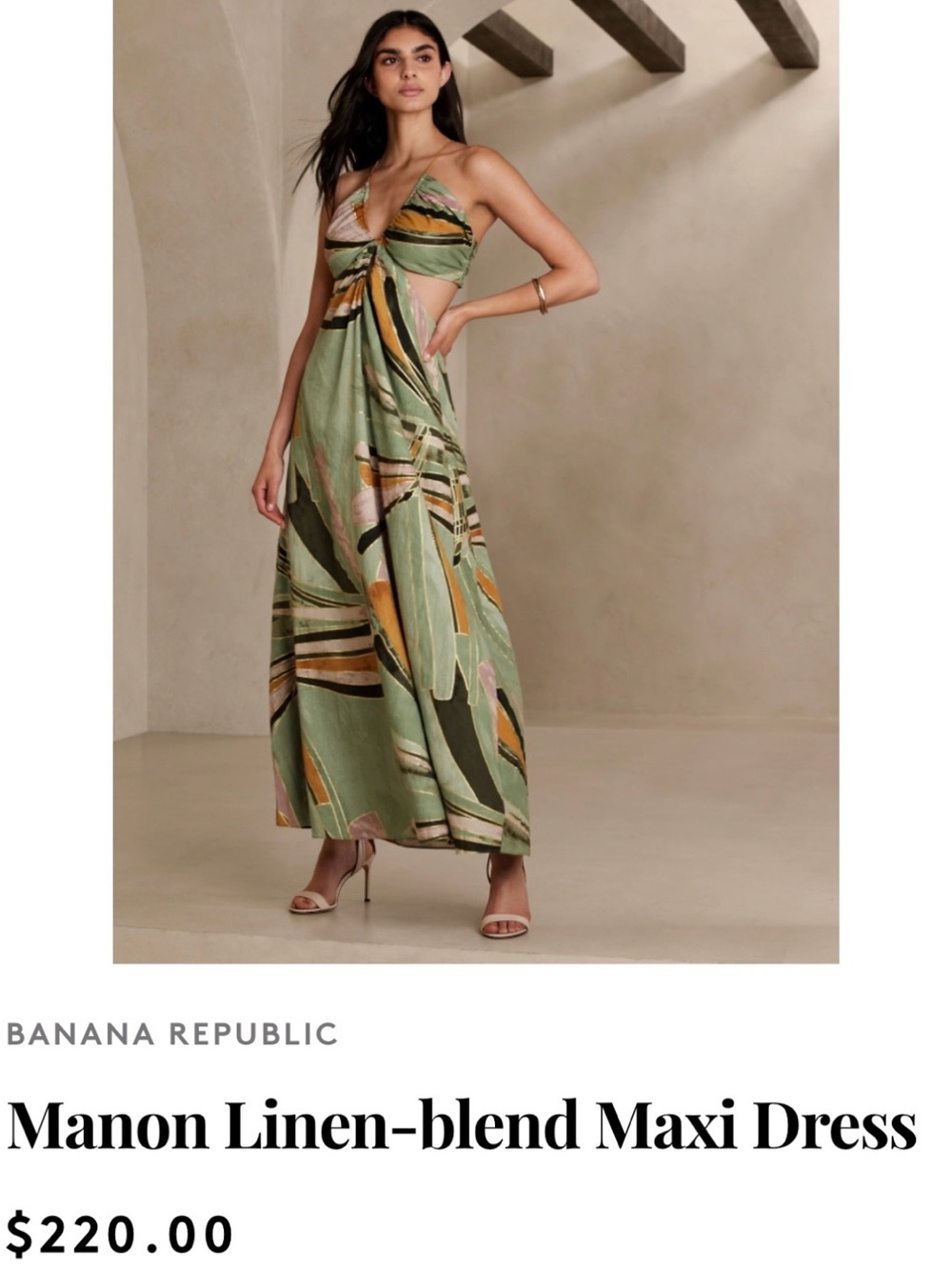Banana Republic Olive Green Abstract Maxi Dress with Pink & Orange Accents